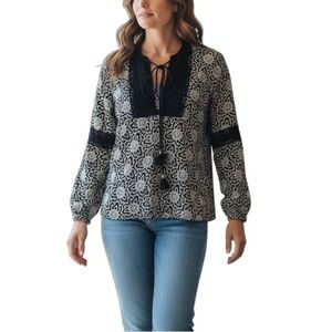 Tory Burch Boho Floral Lace Trim Top Long Sleeve Blouse Size 6